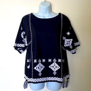 Sahalie Cotton Tunic Top Black & White Embroidered Shirt With Decorative Tassel